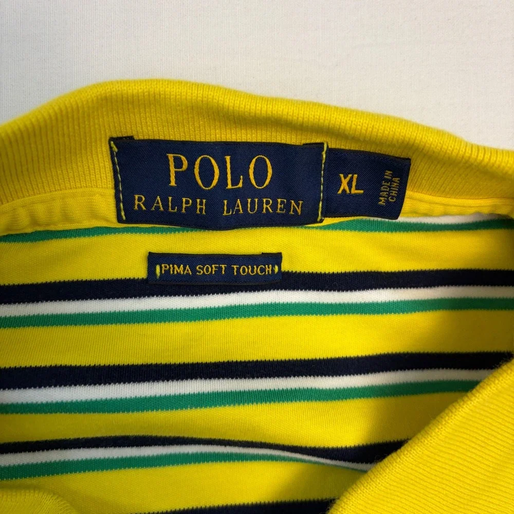 Polo Ralph Lauren Mens XL Pima Soft Touch Striped Polo Shirt‎ Yellow Green Navy